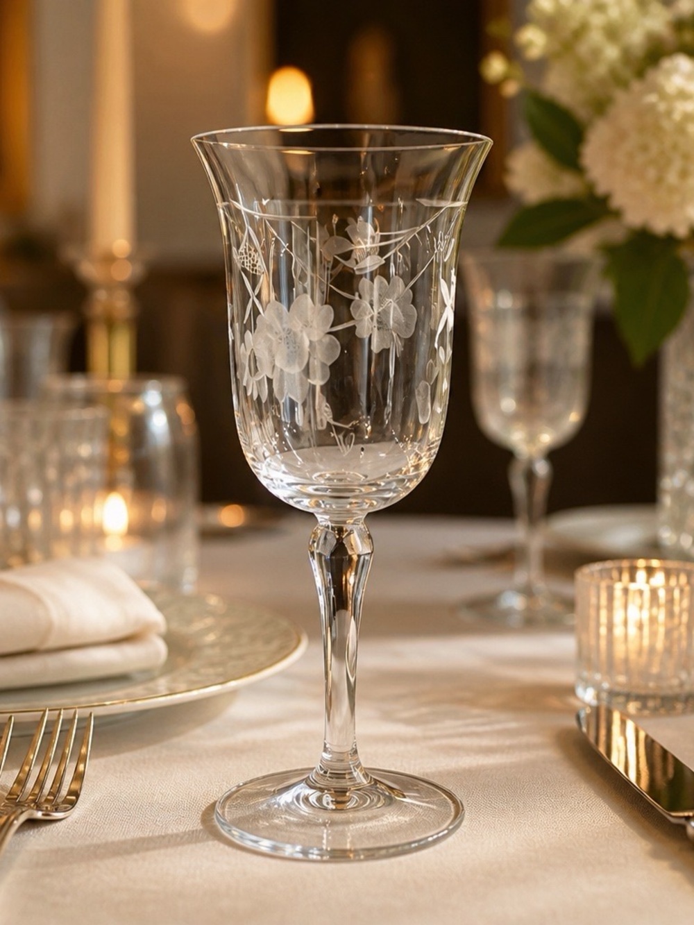 Hand Crafted Clear Etched Floral Wine Glass